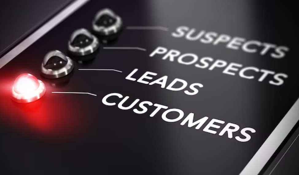 a black panel with small lights and words suspects, prospects, leads and customers