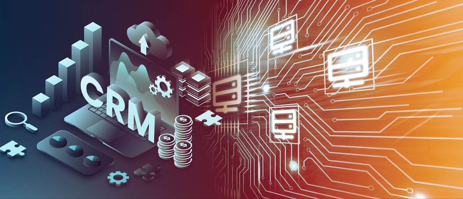 a customer relationship management concept with a 3D laptop, coins, gears, and a circuit board